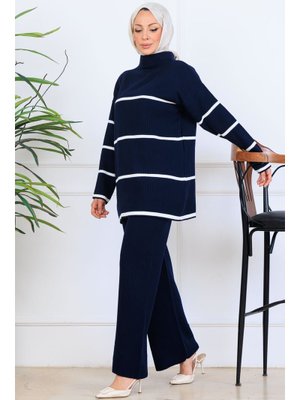 Lacivert Fitilli Çizgili Triko Takım