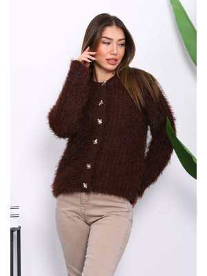 Kahverengi Düğmeli Simli Angora Yumoş Triko Hırka