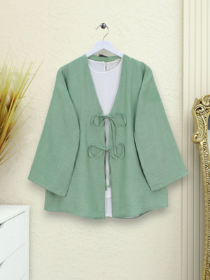 Su Yeşili Önü Bağcıklı Keten Kimono