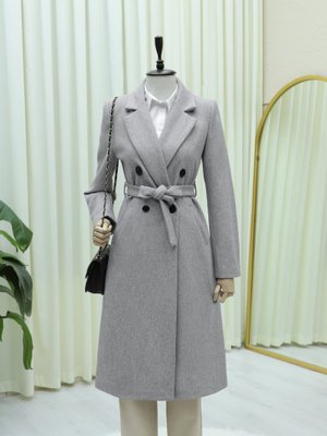 Gri Tek Düğmeli Cepli Kemerli Astarlı Kaşe Kaban