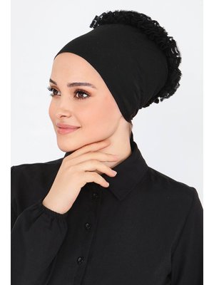 Siyah Sıyah Silikonlu Esnek Penye Fırfırlı Bone Siyah Sıyah Silikonlu Esnek Penye Fırfırlı Bone
