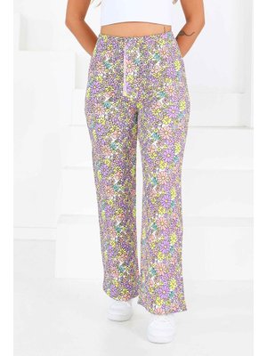 Lila Desenli Beli Lastikli Bürümcük Pantolon
