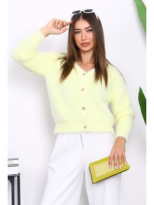 Sarı Düğmeli Kısa Angora Yumoş Triko Hırka