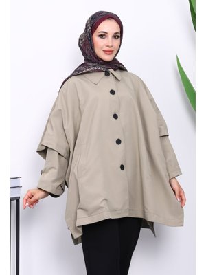 Açık Haki Oversize Düğmeli Panço Trenç