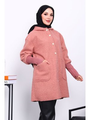 Pudra Kapüşonlu Buklet Kaban