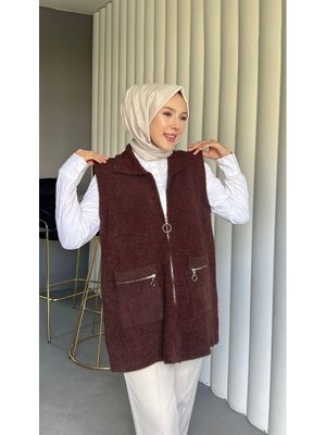 Kahve Önü Fermuarlı Torba Cepli Sakallı Yelek