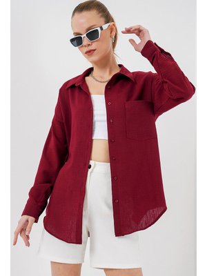 Bordo Tek Cepli Oversize Keten Gömlek Bordo Tek Cepli Oversize Keten Gömlek