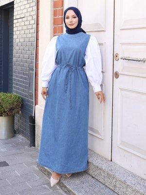 Mavi Poplin Garnili Kot Elbise