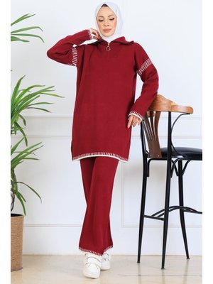 Bordo Yakası Fermuarlı Şerit Detay Triko Takım