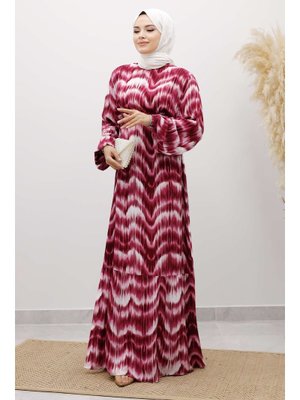 Fuşya Eteği Volanlı Sulu Boya Desenli Viskon Elbise Fuşya Eteği Volanlı Sulu Boya Desenli Viskon Elbise