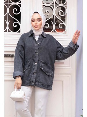 Düğmeli Antrasit Kot Ceket 20387ant