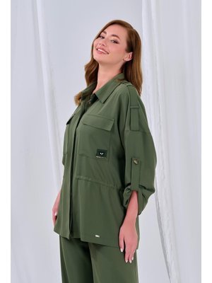 Haki Büyük Beden Baskı Detaylı Gömlek