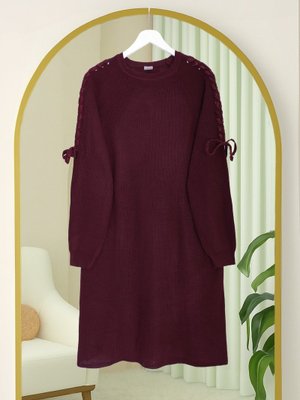 Bordo Omuzu Saç Örgülü Salaş Triko Tunik Bordo Omuzu Saç Örgülü Salaş Triko Tunik