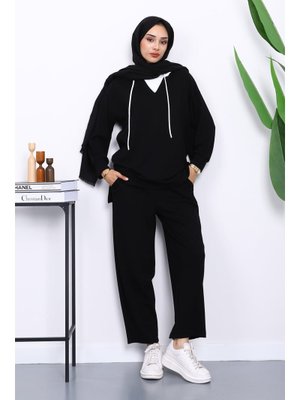 Siyah Kapüşonlu Tunik Pantolonlu Takım Siyah Kapüşonlu Tunik Pantolonlu Takım