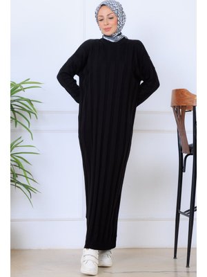 Siyah Kendinden Çizgili Triko Elbise
