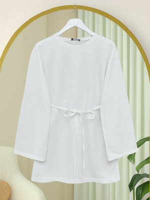 Beyaz Yuvarlak Yaka Beli Bağlamalı Penye Tunik