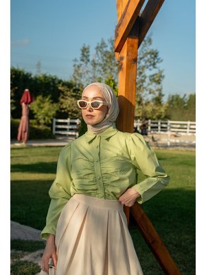 Yeşil Büzgü Detay Poplin Gömlek