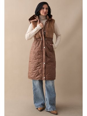 Önü Peluş Detay Kahverengi Şişme Yelek