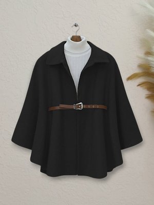 Siyah Omuzu Düğmeli Beli Kemerli Kaşe Panço