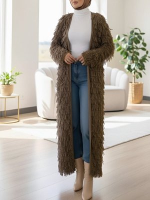 Kahve Saçaklı Uzun Triko Hırka