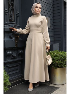 Kolları Boncuk İşlemeli Bej Elbise 23631bej