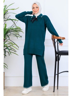 Zümrüt Yeşili Yakası Kurdele Detay Triko Takım