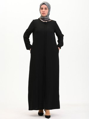 Siyah Keten Görünümlü Ferace Kollar Lastikli Cepli Ve Fermuarlı