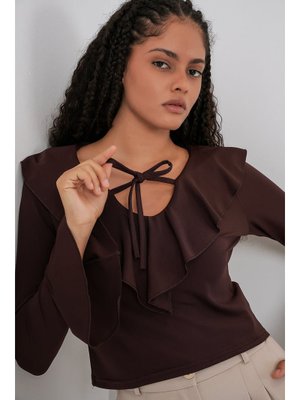 Kahverengi Uzun Kol Crop Bluz Kahverengi Uzun Kol Crop Bluz