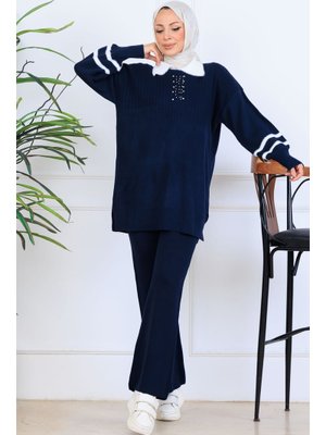Lacivert Taş İşlemeli Triko Takım
