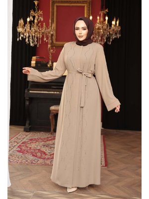 Boncuk İşlemeli Bej Abaya 29117bej