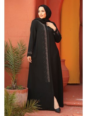 Boncuk Detaylı Siyah Abaya 26331s