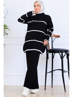 Siyah Fitilli Çizgili Triko Takım
