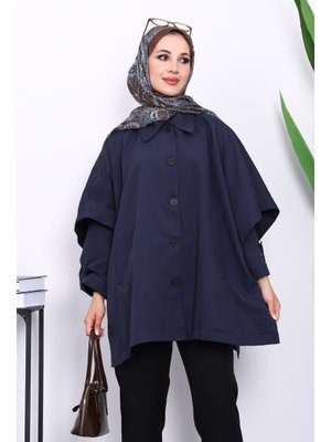 Lacivert Oversize Düğmeli Panço Trenç