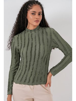 Haki Dokulu Esnek Örme Bluz Haki Dokulu Esnek Örme Bluz