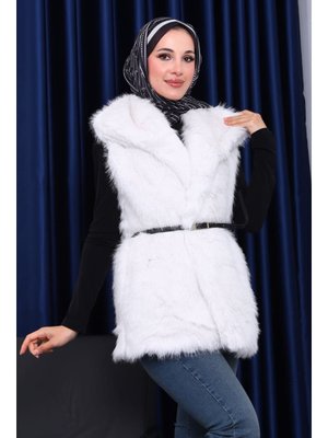 Ekru Astarlı Kemerli Kürk Yelek
