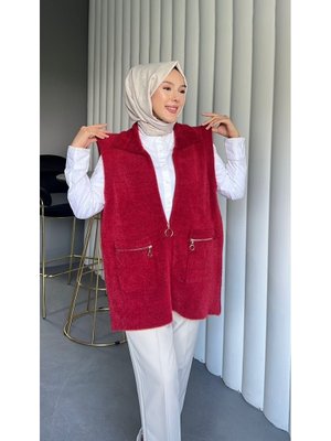 Kırmızı Önü Fermuarlı Torba Cepli Sakallı Yelek