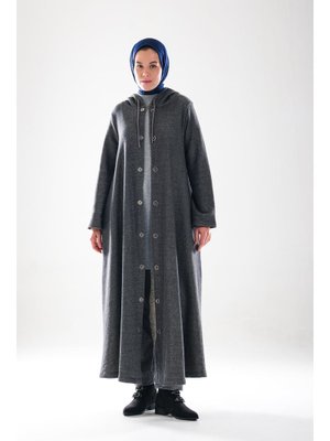 2276_ Antrasit Melanj Kapüşonlu Çıtçıtlı İplik Uzun Kap – Cepli Mevsimlik Dış Giyim