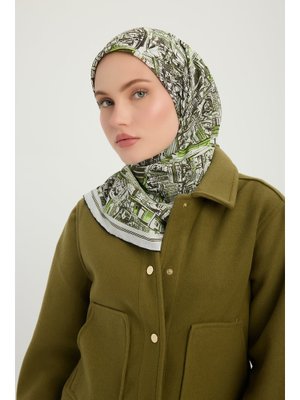 90x90 Cm Yankılar Şehri Yeşil Vierra Desenli Viskon Eşarp