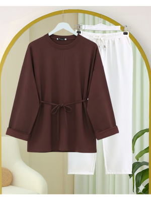 K. Kahve Kolu Katlı Beli Bağlamalı Yırtmaçlı Kompakt Penye Tunik