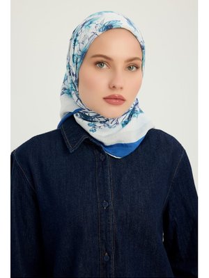 90x90 Cm Sessiz Botanik Mavi Vierra Desenli Viskon Eşarp