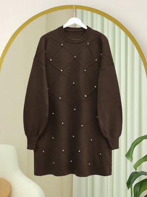 Kahve Taş Detaylı Kare Desenli Triko Tunik Kahve Taş Detaylı Kare Desenli Triko Tunik