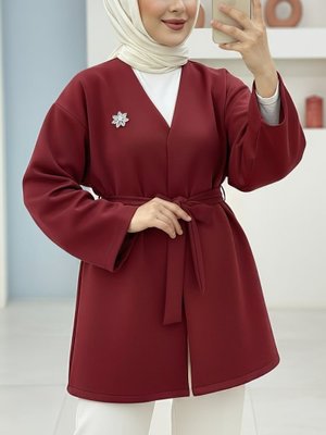Bordo Broş Detaylı Beli Kuşaklı Scuba Ceket