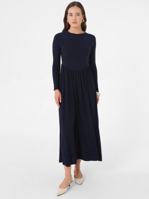 Lacivert Sandy Kumaşlı Beli Korse Detaylı Elbise