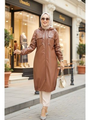 Kapüşonlu Taba Deri Kap 1503tb