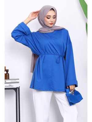 Saks Mavi Yanları Yırtmaçlı Bel İpli Tunik Saks Mavi Yanları Yırtmaçlı Bel İpli Tunik