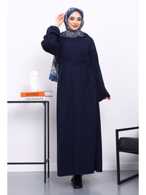 Lacivert Önü Dikişli Oversize Dokulu Elbise