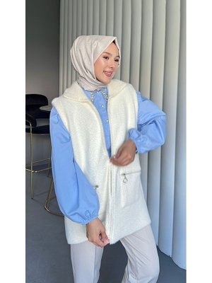 Beyaz Önü Fermuarlı Torba Cepli Sakallı Yelek