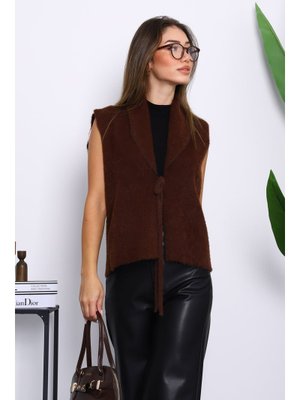 Kahverengi Ön Bağlamalı Kısa Angora Yumoş Yelek