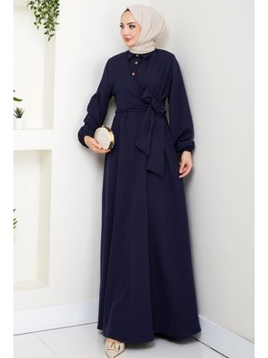 Lacivert Çapraz Bağlamalı Yaka Gömlek Elbise