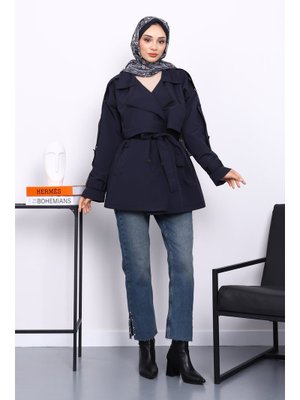 Lacivert Kruvaze Yaka Astarlı Kısa Trençkot Lacivert Kruvaze Yaka Astarlı Kısa Trençkot